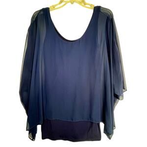 White House Black Market tank with sheer kimono sleeve overlay, blue, size XXS